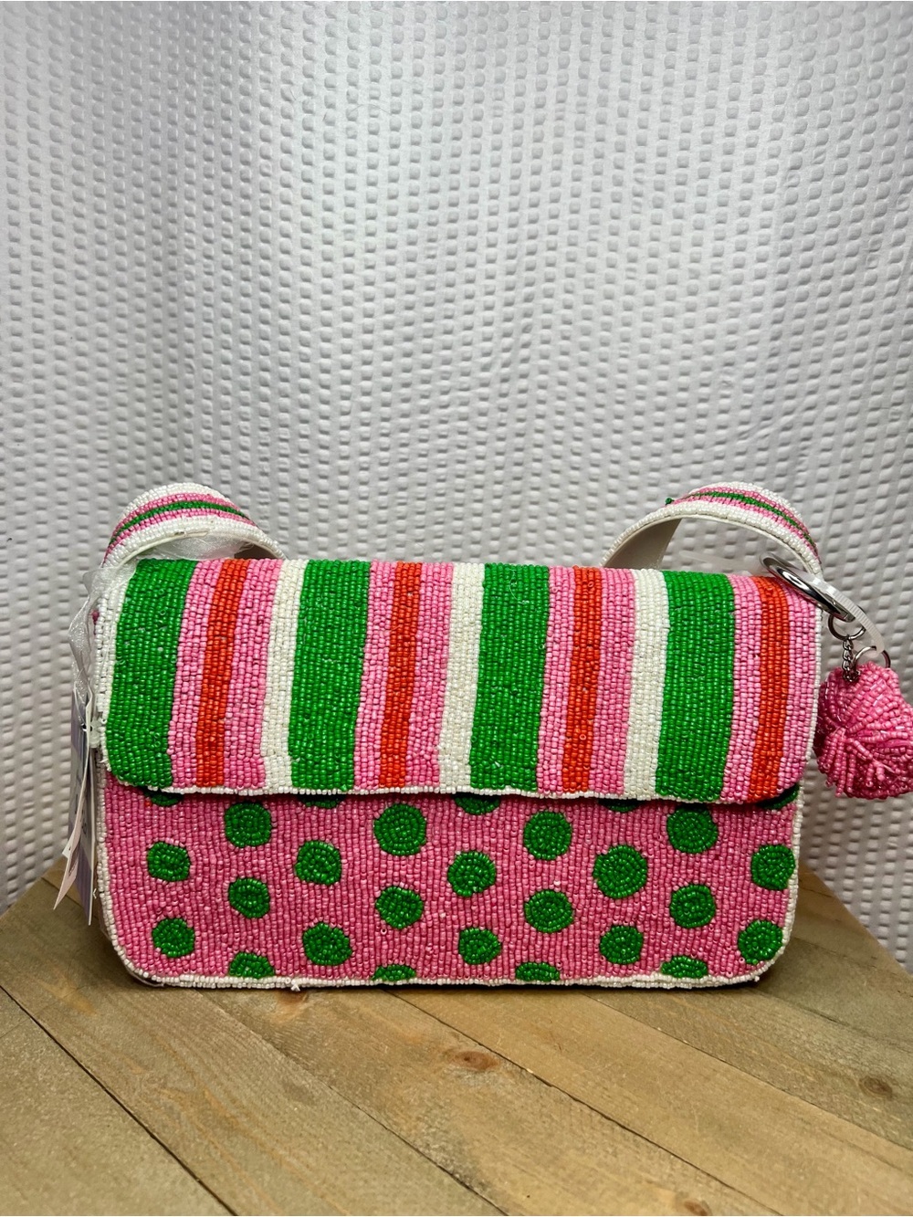 Viral Beaded Pink and Green Striped/Polka Dot Shoulder Bag …Tjmaxx & Marshalls